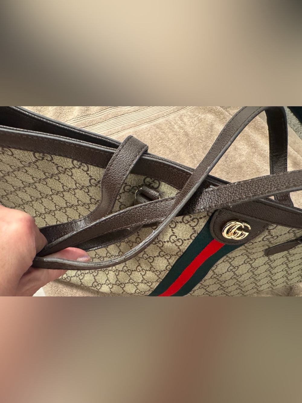 Designer Inspired Beige Supreme Purse (Bag) w/ Green & Red Web Stripe - Signatur - Picture 9 of 10